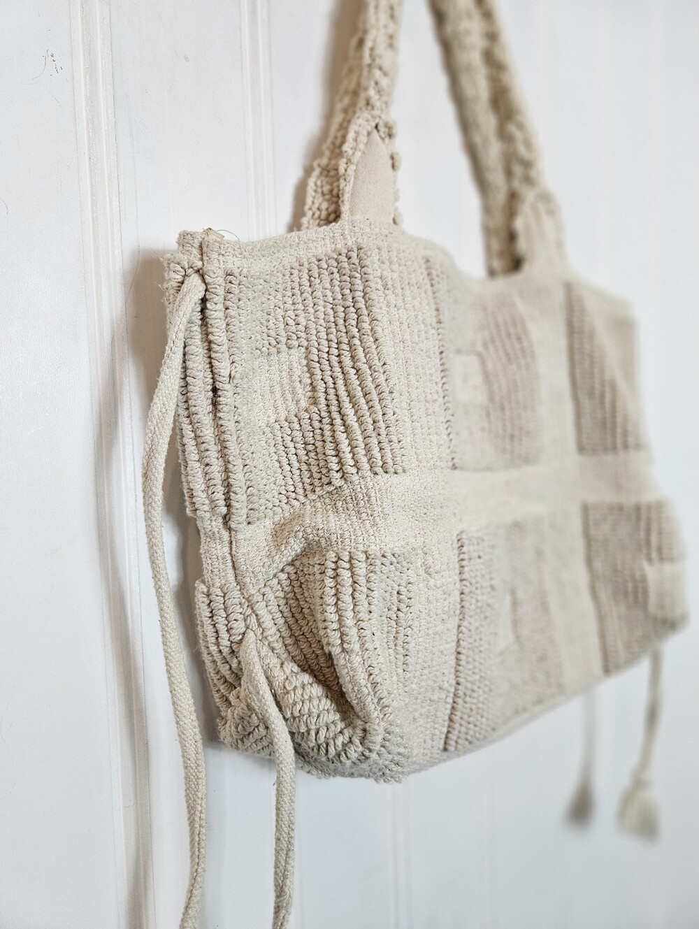 Lovestitch Tote OS Chunky Crochet Bubble Knit Tassel Beach Boho Cream Bag - Picture 4 of 15